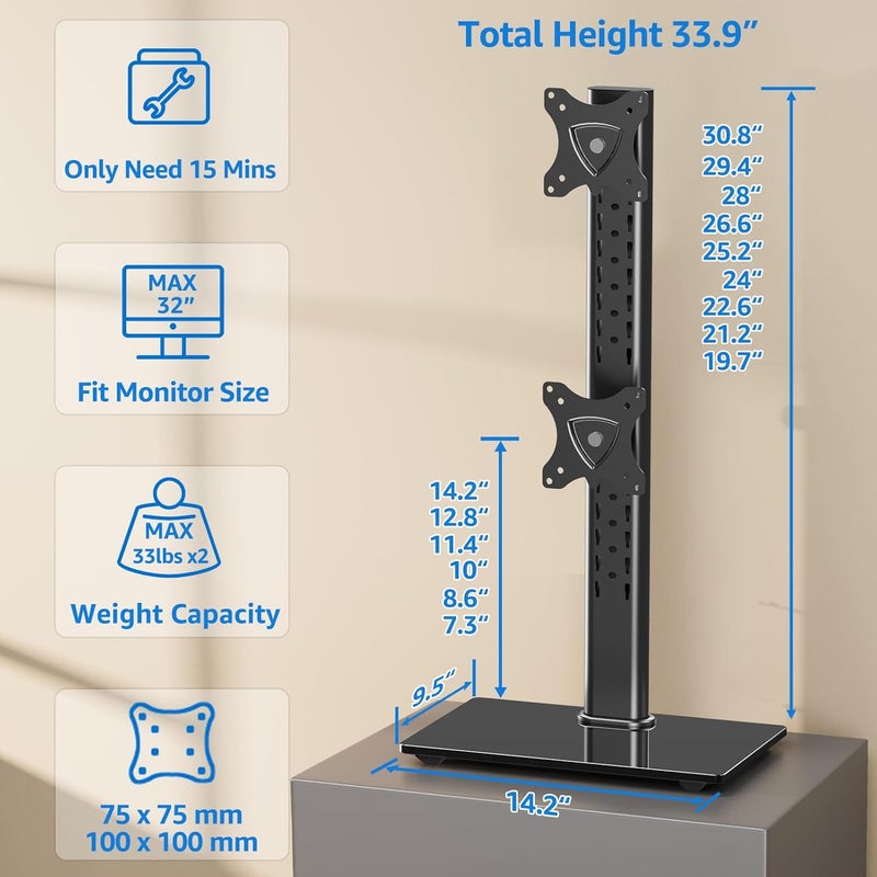 MOUNTUP Vertical Dual Monitor Stand, Stack Two Screens up to 32 inches,33 Lbs, Free-Standing Monitor Desk Mount, Monitor Riser with Swivel, Tilt, Height Adjustable, VESA Stand 100 x 100mm, 75 x 75mm - Image 2